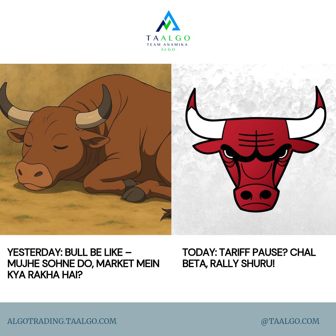 taalgo_'s tweet photo. Market ka bull bhi mood swings ka shikhar hai...
Kal Bulaga tariff ne, Aaj jaga diya pause ne!๐๐
#SleepingBull #MarketMood #BullRally #StockMarketFun #TariffNews #BullishMode #TradingHumour #DesiTraders #HinglishPost #InvestingWithHumor https://t.co/TpkrRb0EXl