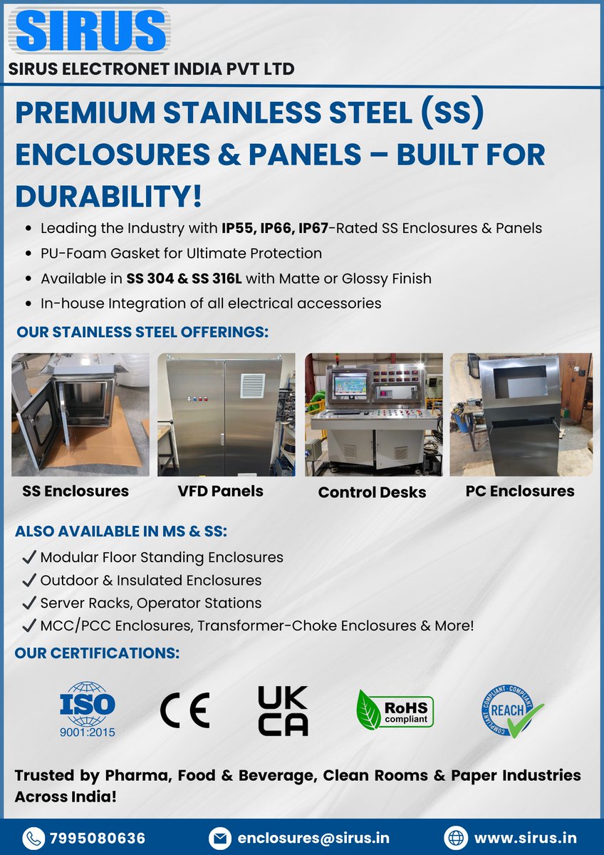 Siruselectronet's tweet image. Built to Endure. Engineered for Excellence.

Explore our IP-Rated SS Enclosures &amp;amp; Panels – SS304 &amp;amp; SS316L with matte/glossy finish.

Perfect for Pharma, F&amp;amp;B, Clean Rooms &amp;amp; More!

📱 +917995080636
📧 enclosures@sirus.in
🌐 sirus.in/panels-ss-pane…

#SSEnclosures #Sirus