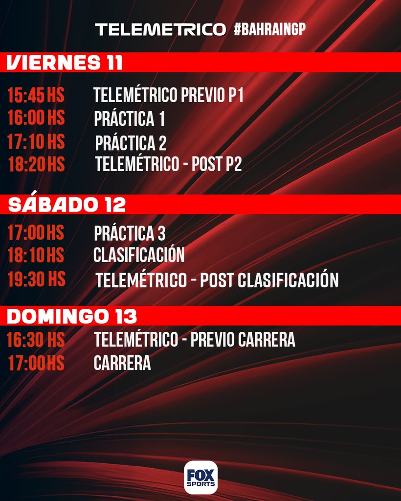 TelemetricoF1's tweet photo. 🚨 TELEMÉTRICOS‼️ 

⚠️ LOS HORARIOS DE 🇦🇷 PARA #BahrainGP #bahrain #TelemetricoF1 

Estaremos con el relato #EnVivo por el canal de YouTube @TelemetricoF1 

🏁 @puenteadrian @f1andersen @aagulla_TV @FOXSportsArg 
#F1xFoxSports #AdrianPuente #F1 #Formula1 https://t.co/lnfOs5BKUl
