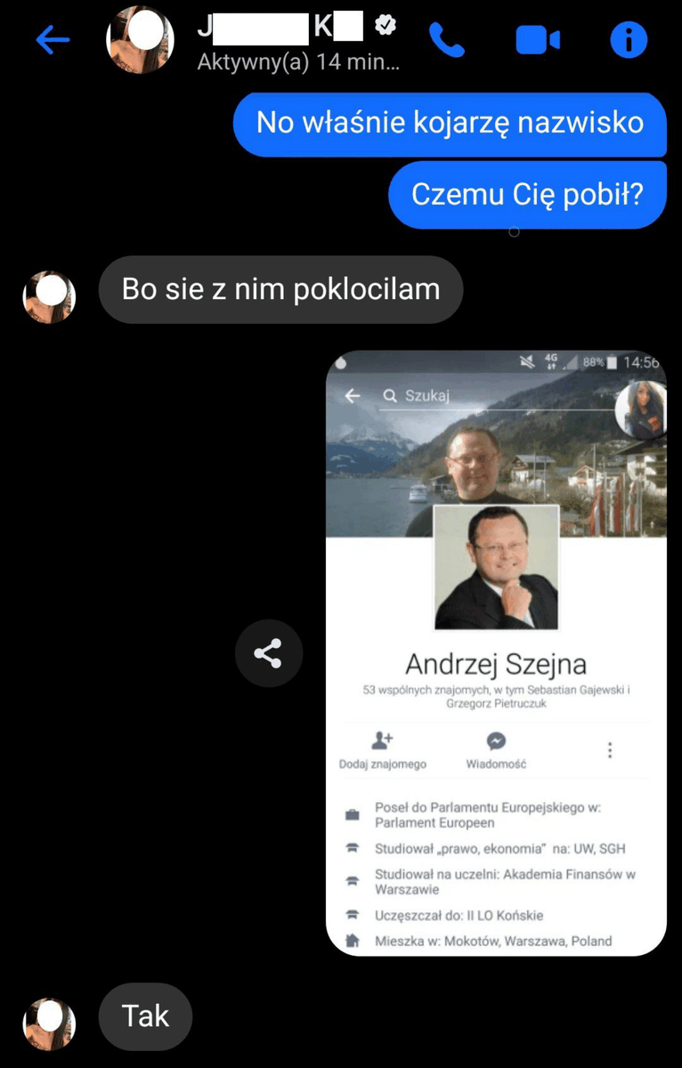 Szanowny Panie Premierze <a href="/donaldtusk/">Donald Tusk</a> 
Szanowny Panie Ministrze <a href="/sikorskiradek/">Radosław Sikorski 🇵🇱🇪🇺</a> 
przedstawiam dokumentację dotyczącą pobicia działaczki partyjnej przez obecnego członka rządu – wiceministra spraw zagranicznych Andrzeja Szejnę.
Autentyczność korespondencji została potwierdzona