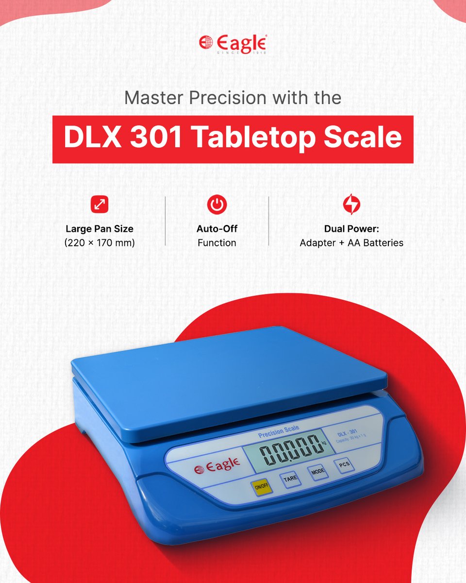 eagle_scales's tweet photo. Achieve perfect accuracy with the DLX 301 Tabletop Scale. Featuring a large pan size, auto-off function, and dual power options, it's built for convenience and precision.
Experience precision today!
https://t.co/aaCnW7I6fm

#EagleScales #TabletopScale #PrecisionWeighing https://t.co/mDFuOhF4LT