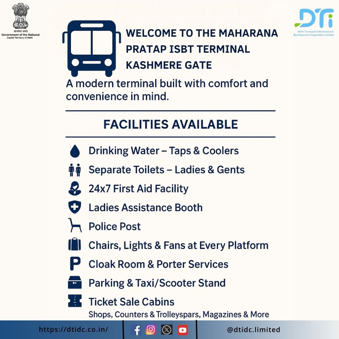 Dtidc_limited's tweet photo. Experience the modern convenience of Maharana Pratap ISBT, Kashmere Gate! 

From 24/7 first aid &amp; ladies assistance booths to ample parking &amp; shops – all designed for your comfort.

Visit Kashmere Gate ISBT for a seamless travel experience!

#DTIDC #TravelComfort  #DelhiTransport https://t.co/AkxEiwc6hN