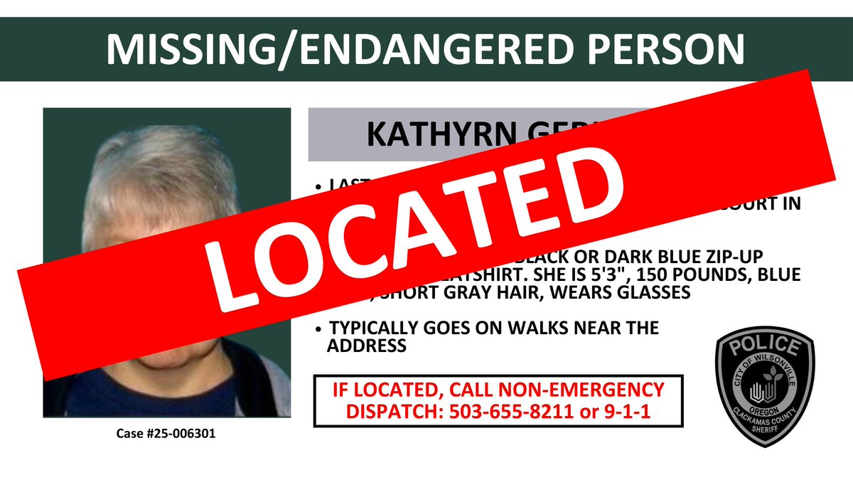 WilsonvillePD's tweet photo. NEWS RELEASE UPDATE (April 10, 2025): Missing Wilsonville woman located safely

This missing person has been located safely in Portland. Thank you to everyone who helped in the search. https://t.co/RgjOyleuuw