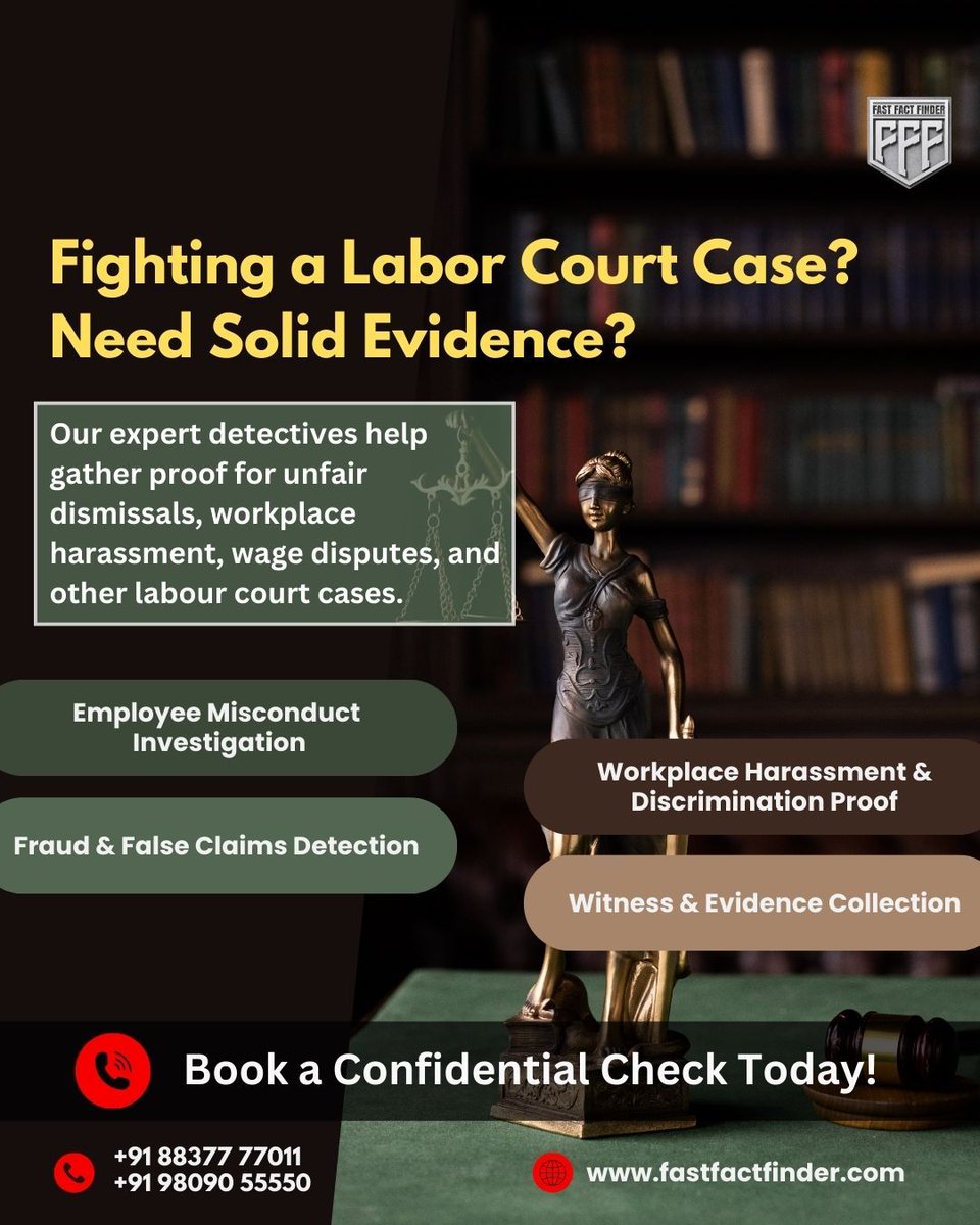 FastFactFinder's tweet photo. Facing a labor court dispute? Our expert investigation services uncover the truth with solid evidence. Trust us to support your case with integrity and precision. #LaborCourt #DetectiveAgency #WorkplaceJustice #FastFactFinder https://t.co/zC2Bd4Wz8A