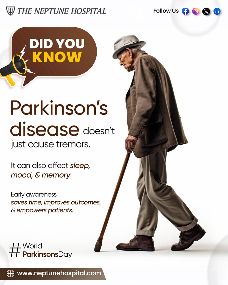 Neptunehealth45's tweet photo. Parkinson’s isn’t just about tremors. It can also affect sleep, mood, and memory. Recognizing the early signs can lead to better management and support. Early awareness changes lives.
#NeurologyAwareness #ParkinsonsAwareness #EarlySignsMatter #ManageParkinsons #NeptuneHospital https://t.co/8bDsyNlONf