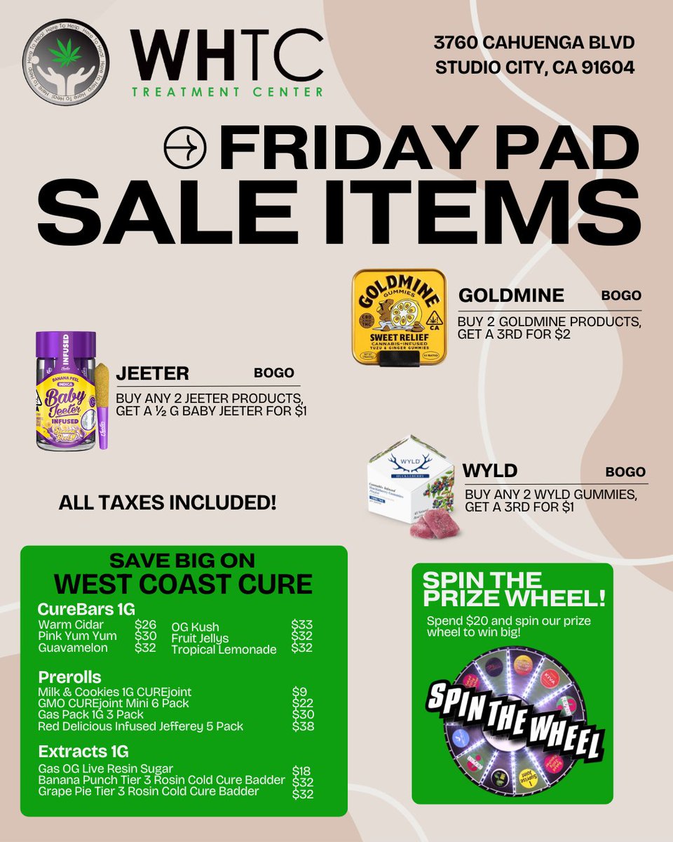 WHTCLA's tweet photo. 🎉 PAD is happening NOW at [Dispensary Name]!
Come through for the best BOGOs, 🔥 sales on top brands, and a chance to Spin the Wheel for a fun prize! 💸🎁
Let’s make your Friday extra rewarding 🌿
#StudioCityCannabis #PADDeals #SpinToWin https://t.co/hKi99V20kt