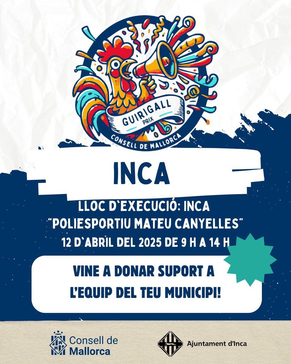 Aquest dissabte, Inca bullirà d’energia!⚡️

El Guirigall Prix arriba al Poliesportiu Mateu Canyelles per fer-nos vibrar amb les proves més divertides!

Animeu-vos i veniu de 9 a 14 h ⏰ i dona suport a l’equip del teu municipi 🥳
T’ho passaràs genial!🙌🏼