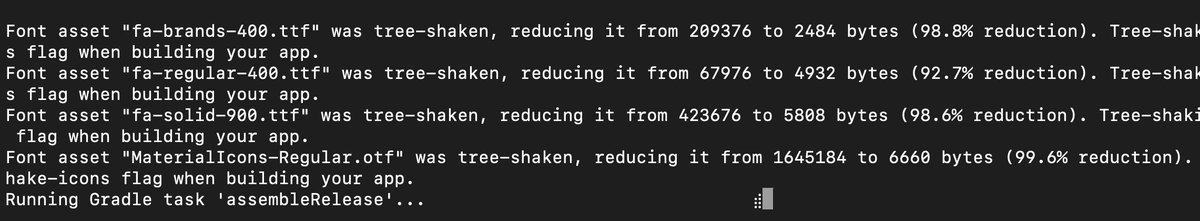 airon_tark's tweet photo. Flutter routine: Android build tree-shaking icon fonts during the build making it 98% less if you are not using ALL the icons ☝️  Small apps - happier users - better for business 😎  #flutter #android #ios #treeshaking #tarklab #airontark https://t.co/ap9jtBwXCJ