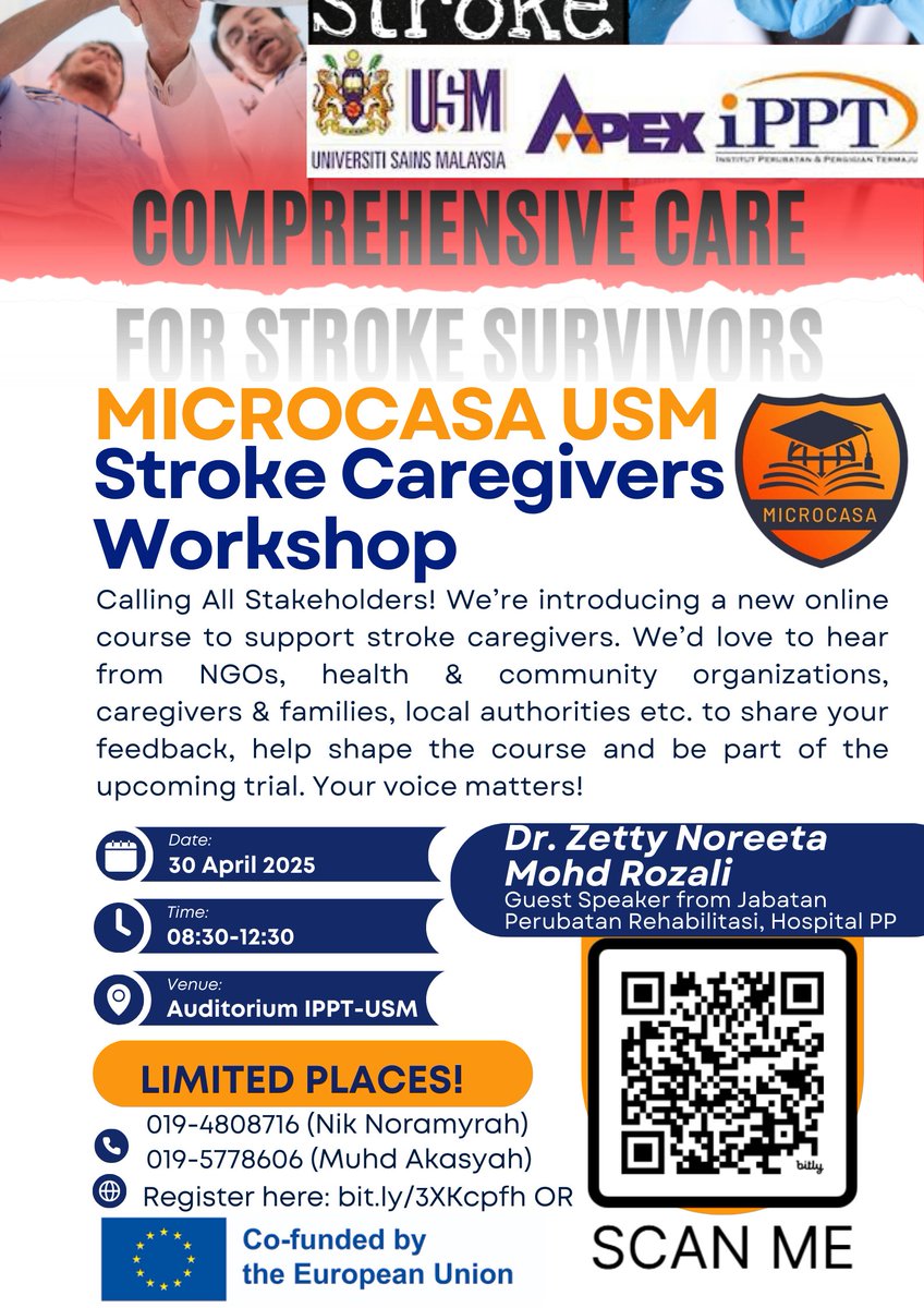 E+ MICROCASA (@microcasa_e) on Twitter photo Join the <a href="/MICROCASA_E/">E+ MICROCASA</a> USM #StrokeCaregivers Workshop on 30 April 2025, 8:30โ12:30 @ IPPT-USM!
๐ข Help shape our online course for stroke caregivers
๐ค With guest speaker Dr. Zetty Noreeta
๐ Register: bit.ly/3XKcpfh
#MICROCASA #LifelongLearning #CaregiverSupport Join the <a href="/MICROCASA_E/">E+ MICROCASA</a> USM #StrokeCaregivers Workshop on 30 April 2025, 8:30โ12:30 @ IPPT-USM!
๐ข Help shape our online course for stroke caregivers
๐ค With guest speaker Dr. Zetty Noreeta
๐ Register: bit.ly/3XKcpfh
#MICROCASA #LifelongLearning #CaregiverSupport