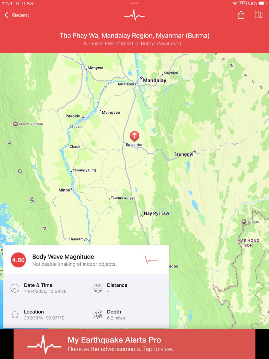 Moe201980's tweet photo. Breaking ⚠️ 
Magnitude 5.၁အင်းအားဖြင့်လှုတ်ခပ်သွား
မိထ္ထီလာ သပြေဝ ၁၁/၄/၂၀၂၅ - မနက် ၁၁-၃၅ နာရီ နှစ်ကြိမ်ရှိသွားပါပြီ အင်အားပြင်းပါတယ် https://t.co/rS2WZRDL72