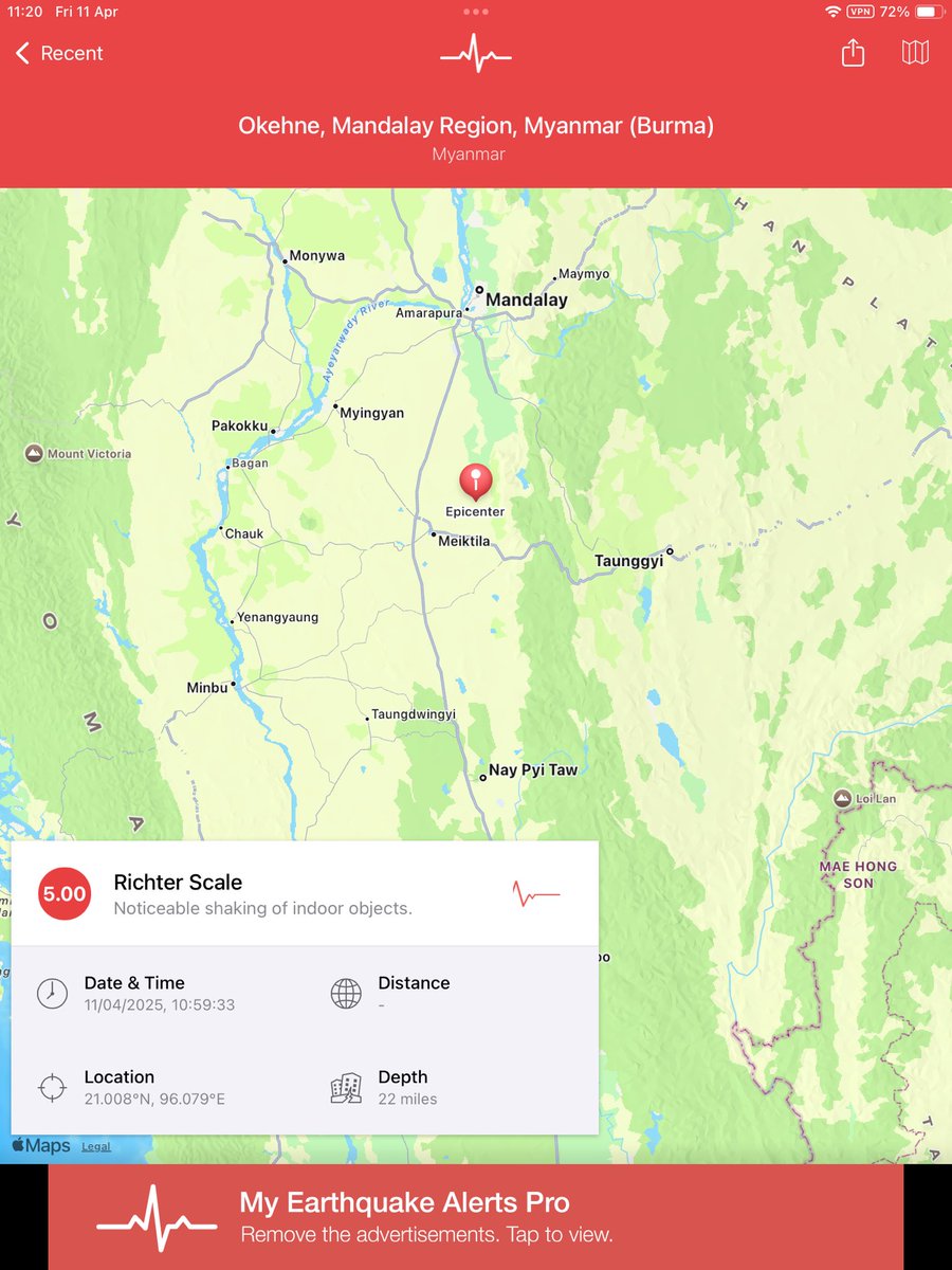 Moe201980's tweet photo. Breaking ⚠️ 
Magnitude 5.၁အင်းအားဖြင့်လှုတ်ခပ်သွား
မိထ္ထီလာ သပြေဝ ၁၁/၄/၂၀၂၅ - မနက် ၁၁-၃၅ နာရီ နှစ်ကြိမ်ရှိသွားပါပြီ အင်အားပြင်းပါတယ် https://t.co/rS2WZRDL72