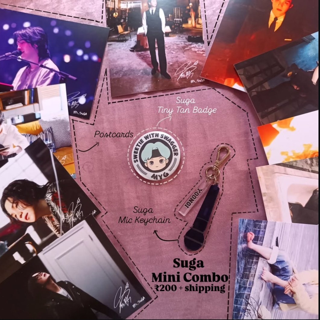 bangtan__bubble's tweet photo. Suga Mini Combo 💜( ₹200 + shipping)
Individual Prices
• Suga Mic Keychain - ₹80
• Suga TinyTan Badge - ₹50
• 10 Suga Postcards - ₹120

Preorder ends on 18/04/2025
Shipping begins from 22/04/2025 https://t.co/Pn5VXjcNsJ