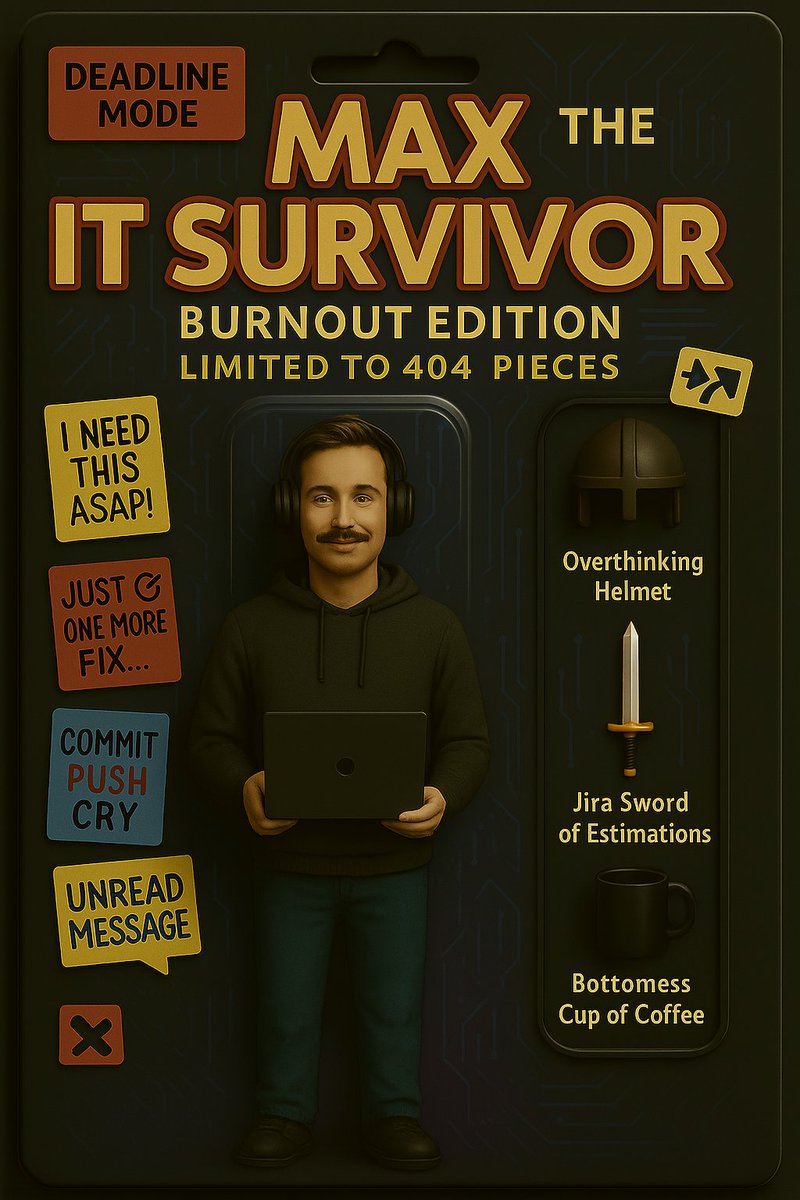 Kmfdmdm1's tweet photo. Meet Max the IT Survivor: Burnout Edition 🧠⚔️☕
For every PM who juggles Jira swords, overthinks sprints, and survives on bottomless coffee.
Limited to 404 units — because 404 is the new status quo.
Tag your fellow survivors.
$Figure #figure #ActionFigure #ITLife #ProjectManager https://t.co/BxgJaIML7z