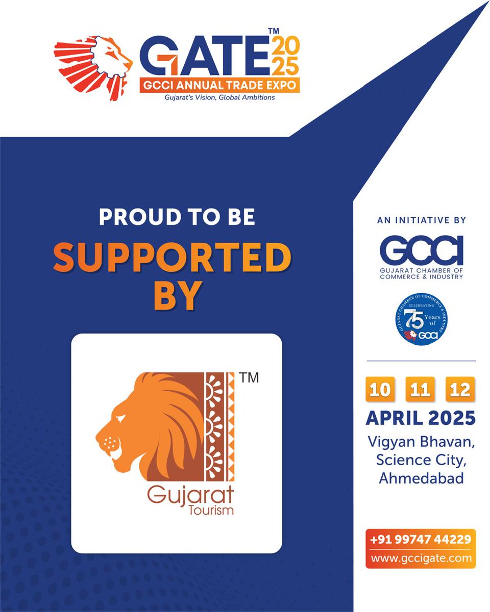 gccigate's tweet image. With Gujarat Tourism as Tourism Partner, GATE 2025 becomes a celebration of innovation, enterprise & Gujarat’s vibrant culture. From business networking to cultural pride—it all comes together at India’s top B2B expo. Commerce meets culture. Be there!