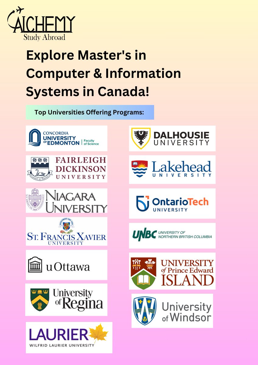 Alchemy_Study's tweet photo. 💻🎓 Explore Master’s in Computer &amp; Information Systems in Canada! 🇨🇦✨ Gain cutting-edge skills, global exposure, and post-study work opportunities. Apply now with expert guidance! ✅ #mastersincanada #computerscience #informationsystems #studyabroad https://t.co/gIHlQDixIg