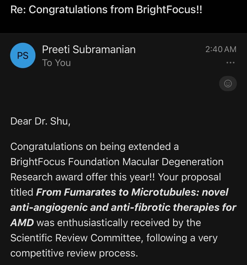 Daisy Shu (she/her/hers) (@eyedaisyshu) on Twitter photo This email made my day! I am so honored to be a recipient of the <a href="/_BrightFocus/">BrightFocus Foundation</a> New Investigator Grant! Heartfelt thanks to BrightFocus and their generous donors for supporting my research on new therapies for macular degeneration! This grant is a dream come true! <a href="/UNSWoptomvsci/">UNSW School of Optometry and Vision Science</a> This email made my day! I am so honored to be a recipient of the <a href="/_BrightFocus/">BrightFocus Foundation</a> New Investigator Grant! Heartfelt thanks to BrightFocus and their generous donors for supporting my research on new therapies for macular degeneration! This grant is a dream come true! <a href="/UNSWoptomvsci/">UNSW School of Optometry and Vision Science</a>