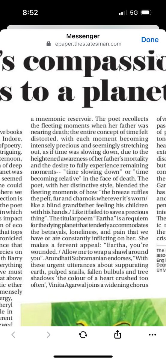 vinita65's tweet photo. Many thanks Sutanuka Ghosh Roy for this insightful review of #eartha published by @sahityakademi The review has been published in @thestatesmanltd https://t.co/xJymng44Cf