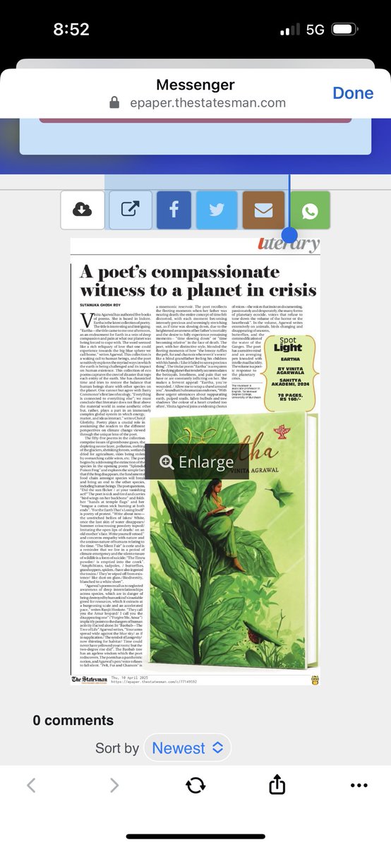 vinita65's tweet photo. Many thanks Sutanuka Ghosh Roy for this insightful review of #eartha published by @sahityakademi The review has been published in @thestatesmanltd https://t.co/xJymng44Cf