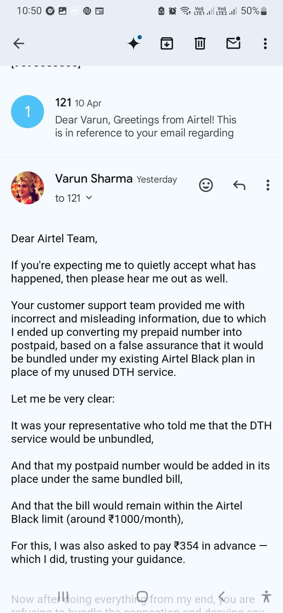 VarunSh16662811's tweet image. @Airtel_Presence 
I have raised a serious issue via email and got no response. Misleading info by your team led to wrong postpaid conversion. No technician visit. I’m now switching to Jio. Kindly respond or I’ll escalate it further. #Airtel #CustomerSupportFailure