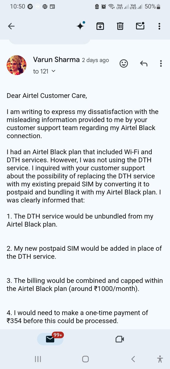 VarunSh16662811's tweet image. @Airtel_Presence 
I have raised a serious issue via email and got no response. Misleading info by your team led to wrong postpaid conversion. No technician visit. I’m now switching to Jio. Kindly respond or I’ll escalate it further. #Airtel #CustomerSupportFailure