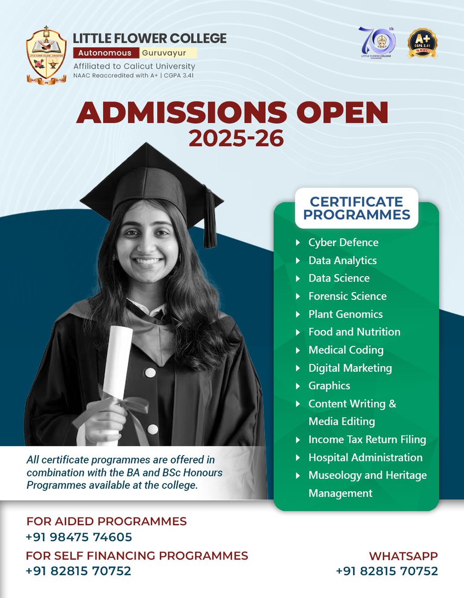 littleflow95728's tweet photo. Students pursuing BA/BSc Honors can enroll in certificate programs as part of their academic journey.
#certificateprogrammes #admissionsopen #littileflowercollege #autonomous https://t.co/FXGjt7Ctw7
