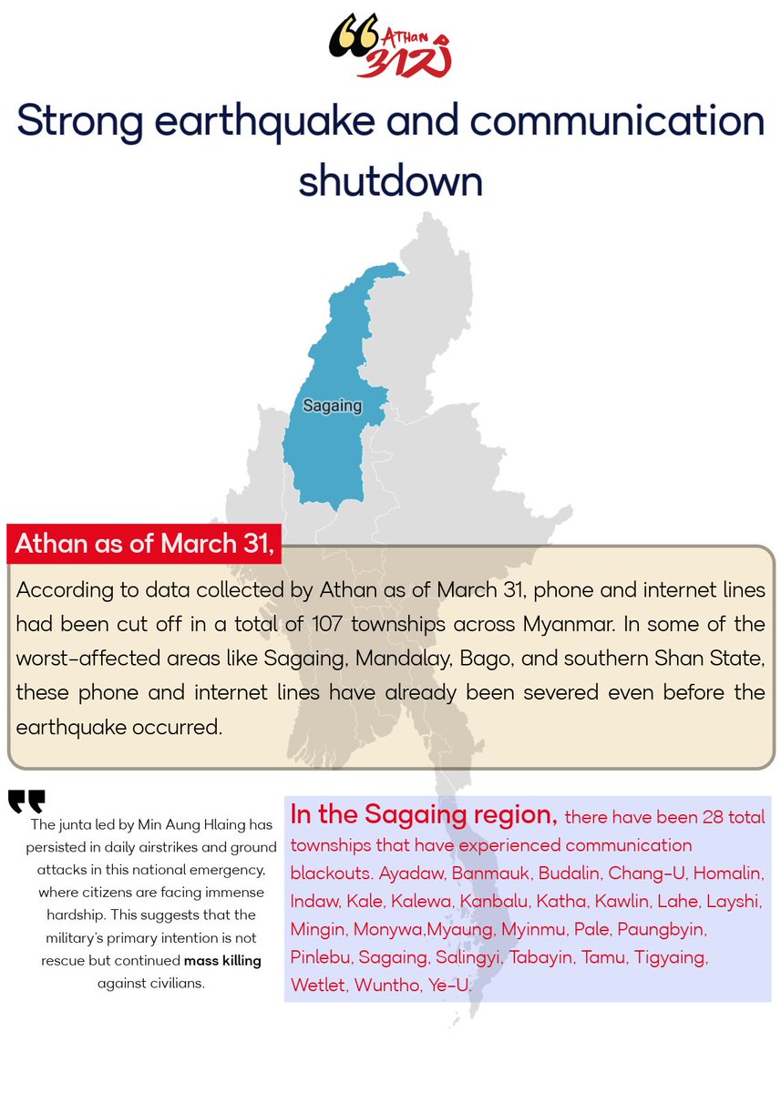 "Strong earthquake and communication shutdown"  

The United States Geological Survey (USGS) has estimated that more than 10,000 people in Myanmar could potentially die due to the earthquake.  

More &gt;&gt; tinyurl.com/387jfp32 

#athanmm #athan #myanmar #myanmarquake