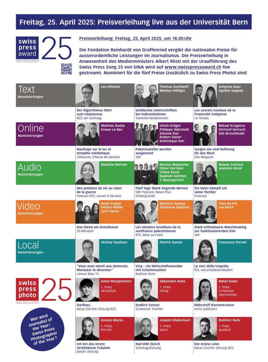 The Reinhardt von Graffenried Foundation is delighted to announce the nominees for the Swiss media prize, the Swiss Press Award.
mailchi.mp/swisspressawar…
#swisspressaward25 #journalism #text #online #audio #video #local