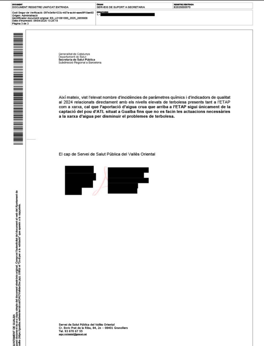 JuntsperGualba's tweet photo. Indignació per l’evidència de que @gualbainfo no ha informat durant mesos a la població dels advertiments rebuts pel Departament de Salut sobre  l’aigua a #Gualba . Ja ho vam denunciar durant el Ple Municipal. Aquí podeu llegir l’advertiment “per incompliment de salut publica” https://t.co/4ja4nIAfni