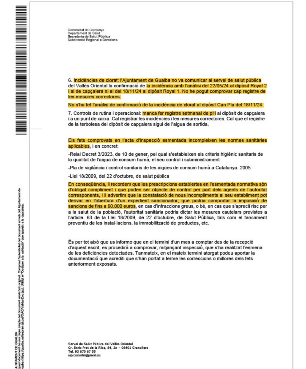 JuntsperGualba's tweet photo. Indignació per l’evidència de que @gualbainfo no ha informat durant mesos a la població dels advertiments rebuts pel Departament de Salut sobre  l’aigua a #Gualba . Ja ho vam denunciar durant el Ple Municipal. Aquí podeu llegir l’advertiment “per incompliment de salut publica” https://t.co/4ja4nIAfni