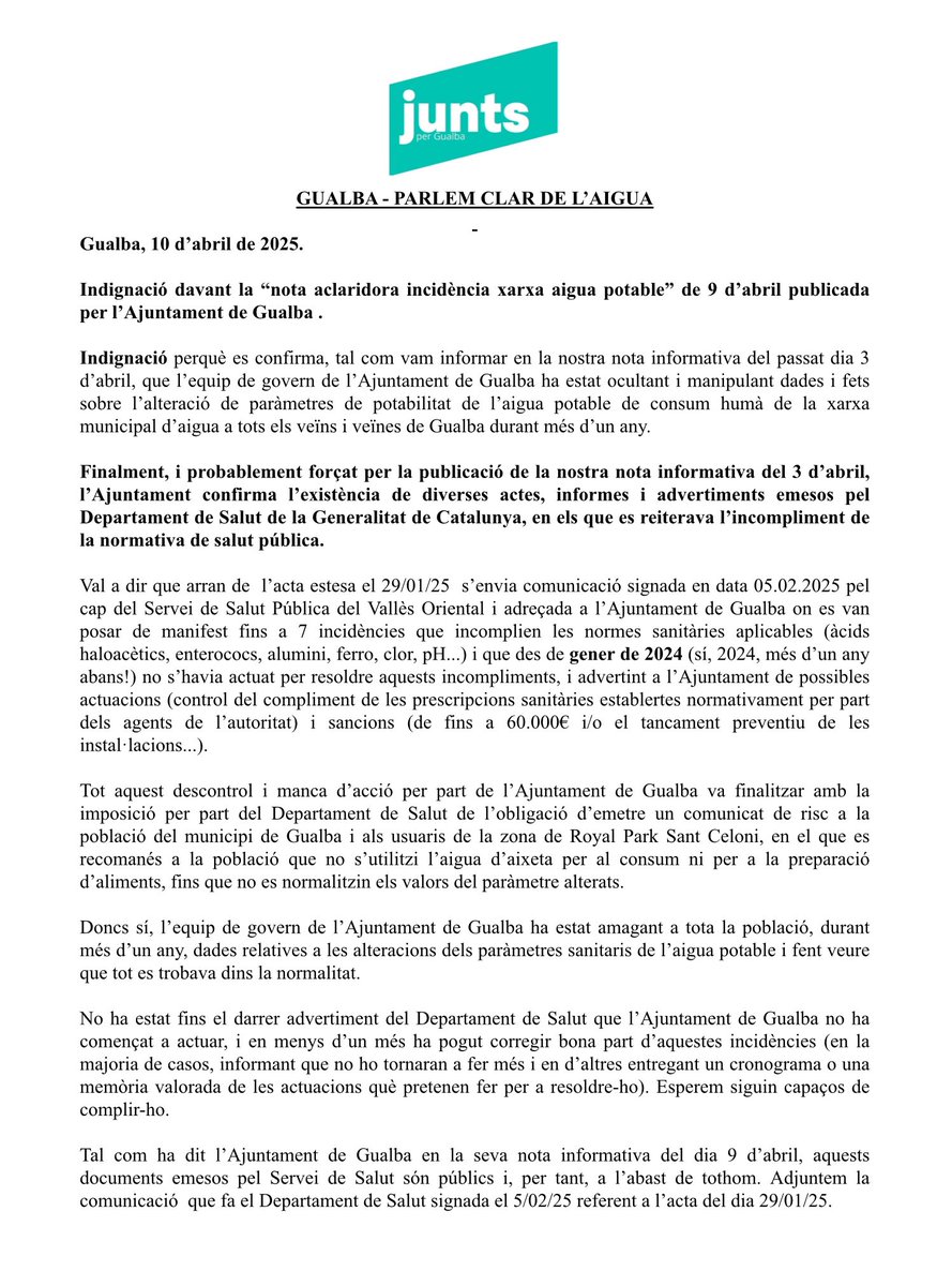 JuntsperGualba's tweet photo. Indignació per l’evidència de que @gualbainfo no ha informat durant mesos a la població dels advertiments rebuts pel Departament de Salut sobre  l’aigua a #Gualba . Ja ho vam denunciar durant el Ple Municipal. Aquí podeu llegir l’advertiment “per incompliment de salut publica” https://t.co/4ja4nIAfni