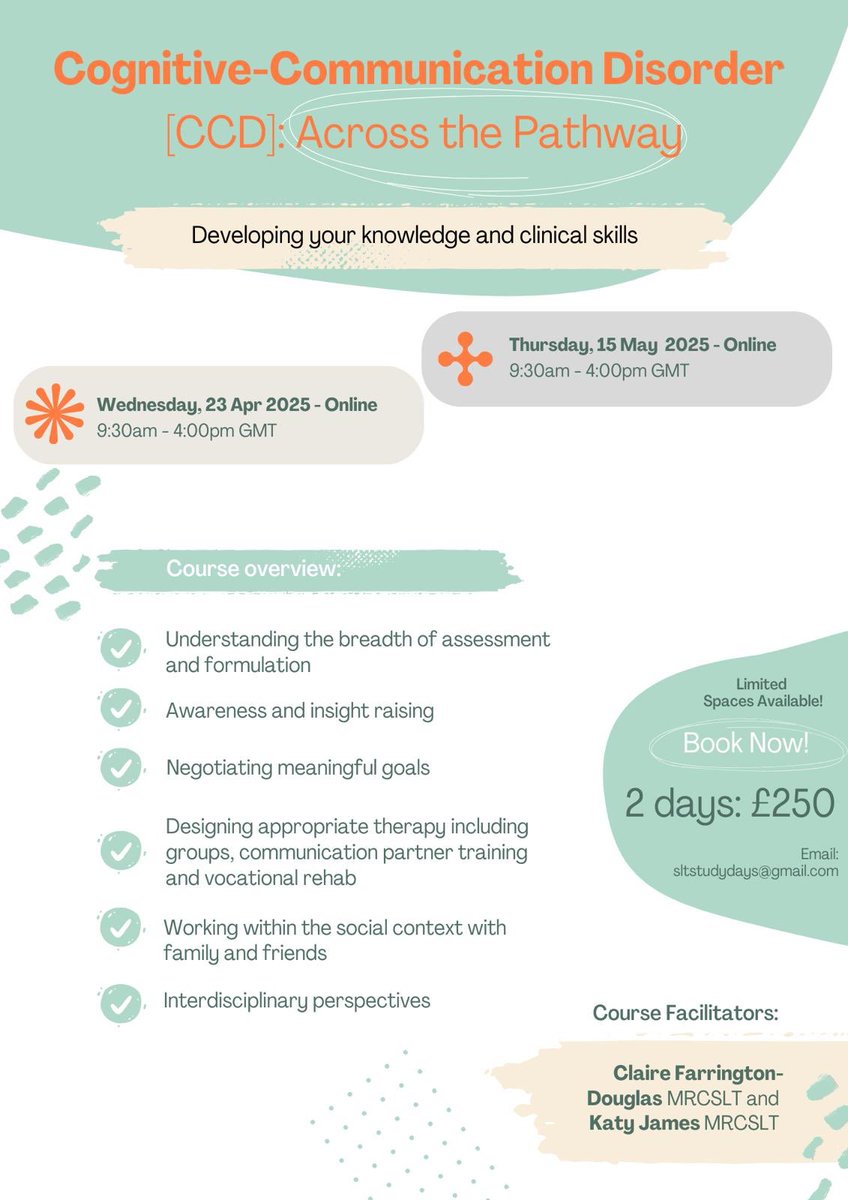 claire farrington-douglas (@clairefarring20) on Twitter photo This month I’m looking forward to running two study days:
- support, supervision and self care
- working with people with CCD across the pathway.
Email sltstudydays@gmail.com to book your place. This month I’m looking forward to running two study days:
- support, supervision and self care
- working with people with CCD across the pathway.
Email sltstudydays@gmail.com to book your place.