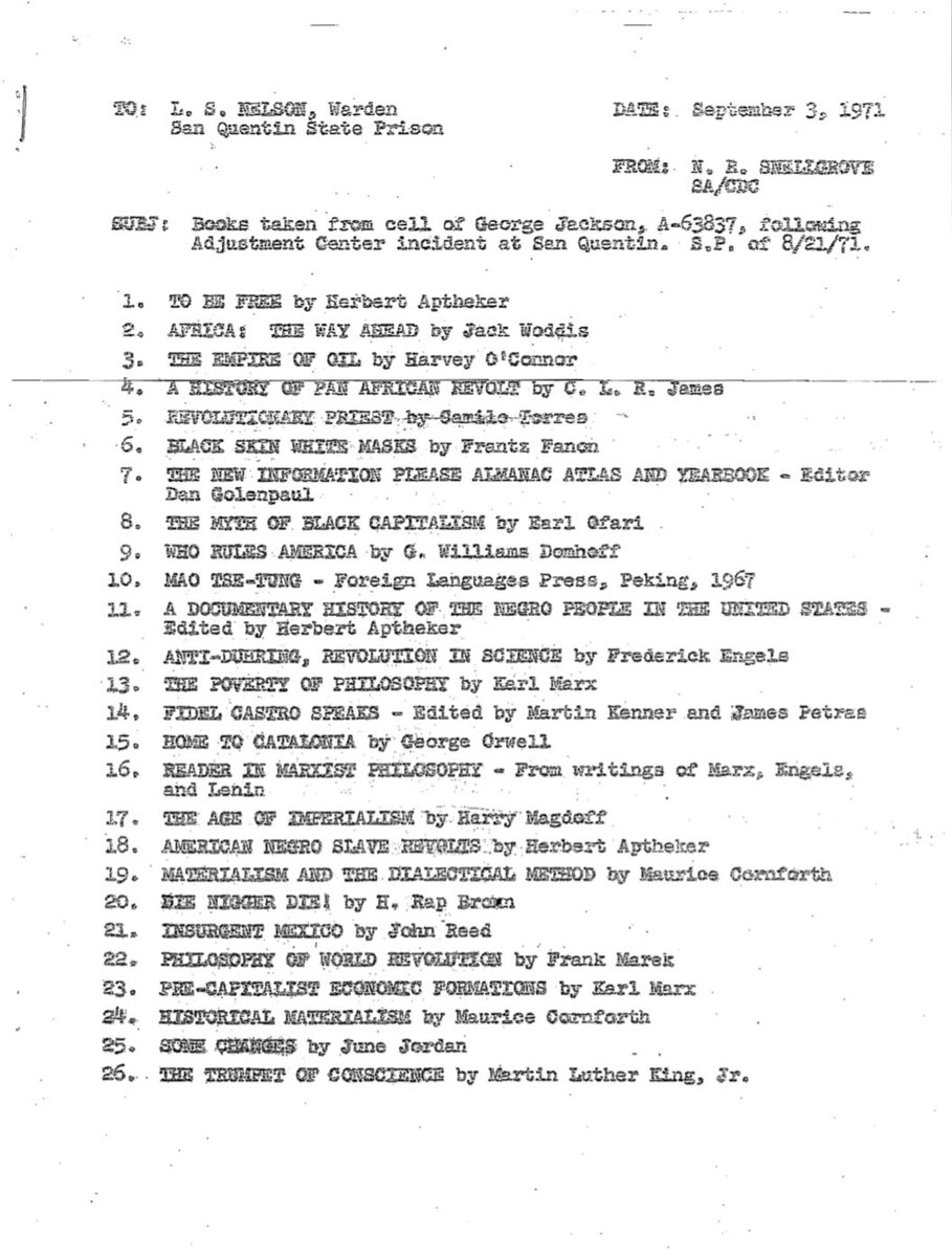 LeftSentThis's tweet photo. Here is the list of the 99 books recovered from George Jackson’s cell after he was assassinated at  San Quentin State Prison on August 21, 1971: https://t.co/lEuR0OcYct
