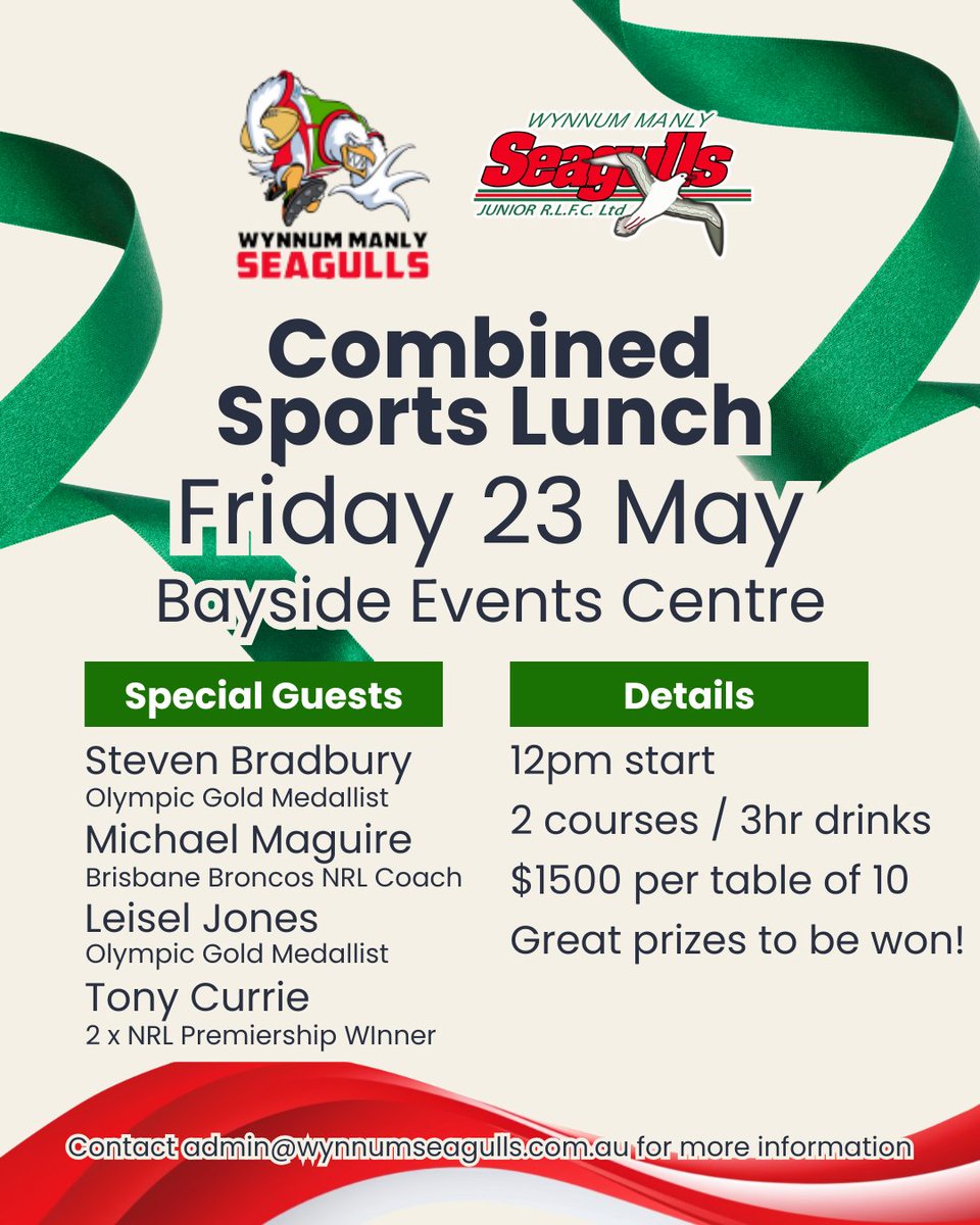 We are excited to announce a combined Sports Lunch between the Wynnum Manly Seagulls and Wynnum Manly Juniors. 

Come along and get behind both Wynnum Manly football clubs!

Tickets here: shorturl.at/7PfvL