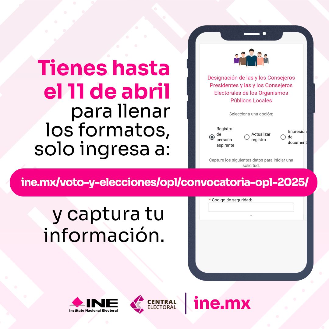 INEMexico's tweet photo. Forma parte del Consejo General del Instituto Electoral de tu entidad. Consulta las bases de la convocatoria y participa en el proceso de selección.
https://t.co/bV0KoR8LZy https://t.co/DN3KRWUozN