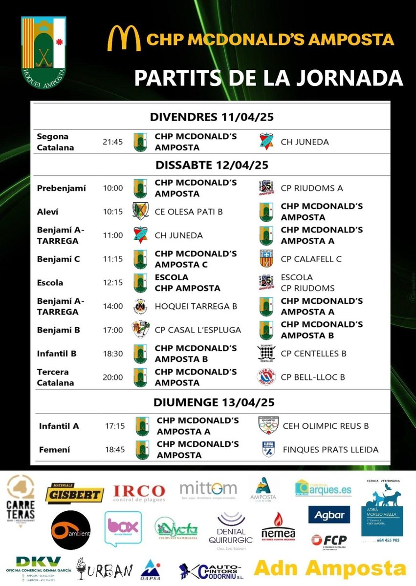 📅 Setmana de partits 11-13 abril
#ChpMcDonaldsAmposta 🟢⚫️
#hoquei 🏑🥅