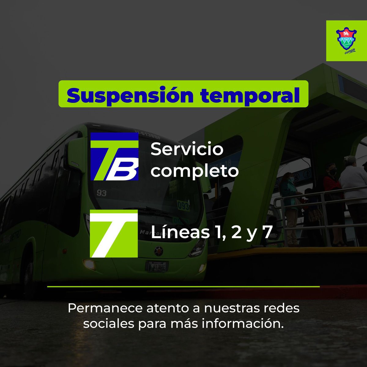muniguate's tweet photo. ⚠️ ATENCIÓN VECINOS

Debido a los hechos ocurridos ayer en #zona9, donde una unidad de #TuBus fue retenida por manifestantes encapuchados, el servicio de @TuBusMuniGuate y las líneas 1, 2 y 7 de @TransmetroGuate permanecerán suspendidas temporalmente, como medida de precaución para proteger a los usuarios y al personal operativo.

Otras líneas del sistema podrían presentar suspensiones o irregularidades durante el día.

📲 Infórmate en tiempo real por nuestros canales oficiales y de WhatsApp.

Agradecemos su comprensión. 

#MuniGuateAlFrente #MuniGuate #TraficoGT #TuBusMuniGuate #TransmetroMunuGuate
