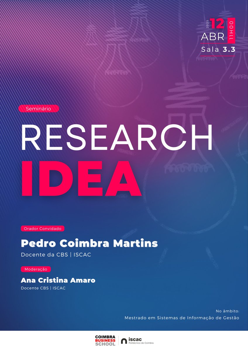 Seminário | Research Idea

Orador convidado:
▪️ Pedro Coimbra Martins - Docente da CBS | ISCAC

Moderação: Ana Cristina Amaro

📅 11 abril - 11h
➡️ Sala 3.3

No âmbito do Mestrado:
Sistemas de Informação de Gestão