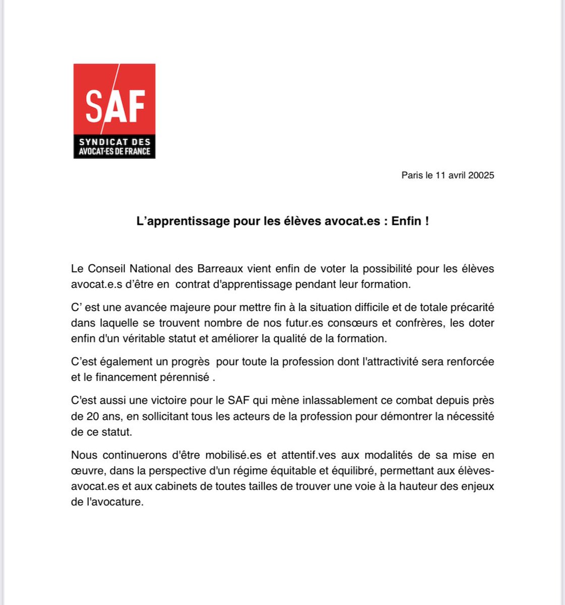 AmelieMorineau's tweet photo. A l’unanimité, le @CNBarreaux a adopté un statut pour les élèves-avocats.

Ce combat historique du #SAF contre la précarité de ceux qui aspirent à rejoindre la profession est une avancée majeure, et disons le, une fierté. ✊ #Avocats https://t.co/WdW1x8QfmJ
