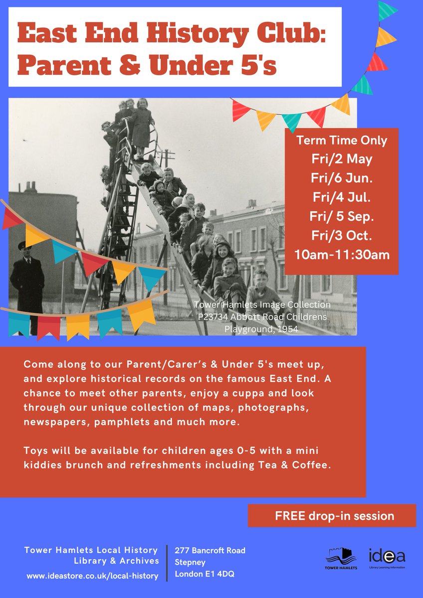 Parent &amp; Under 5s, East End History Club is back! A chance to meet other parents, enjoy a cuppa and look through some of our unique collections. Toys will be available for children ages 0-5 with a mini kiddies brunch and refreshments including Tea &amp; Coffee

#stay&amp;play  #history