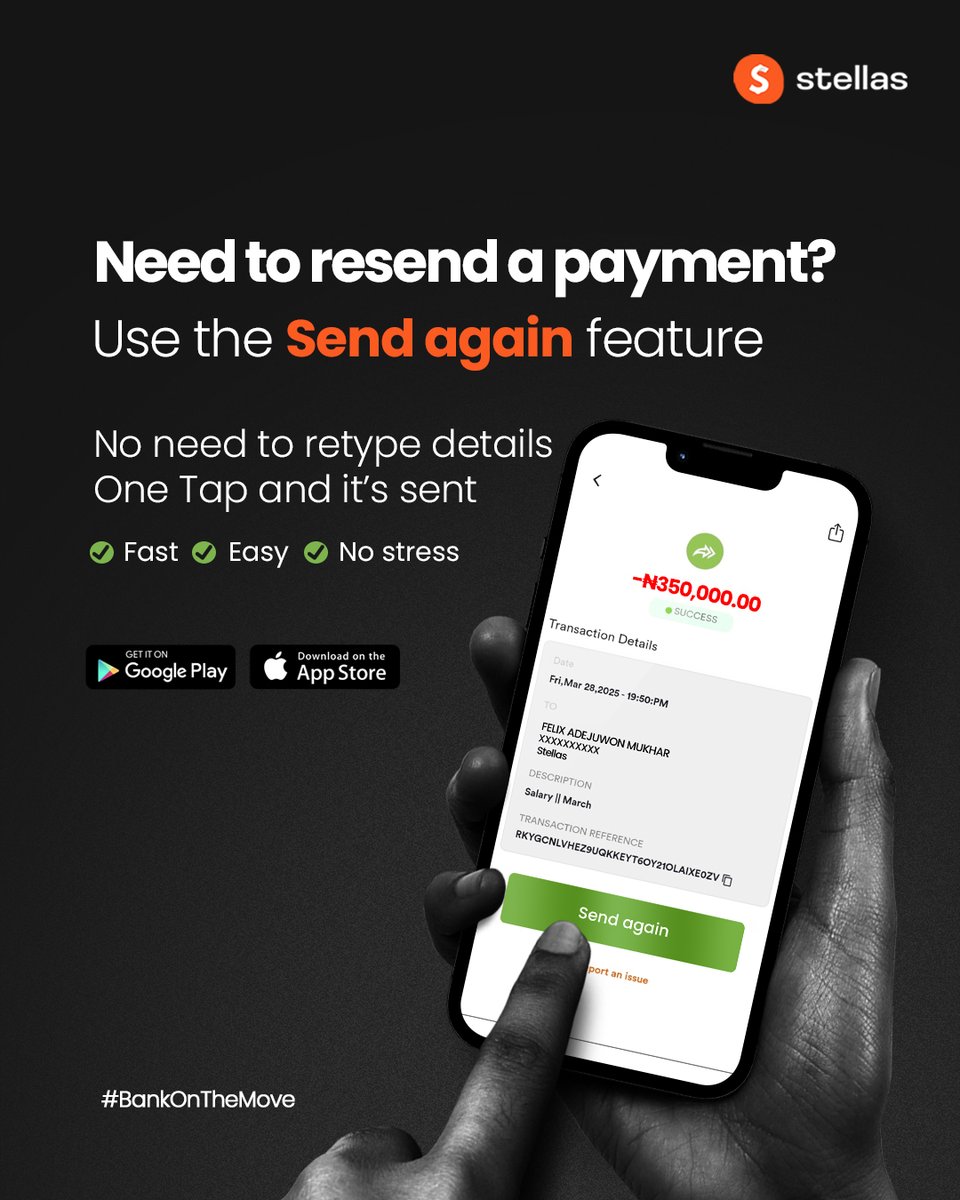 stellasbank's tweet image. Need to resend a payment? 
No need to type in details all over again! 
With just one tap, Send Again gets it done.

 Update your Stellas App now for a seamless experience! 

#SendAgain #BankOnTheMove"