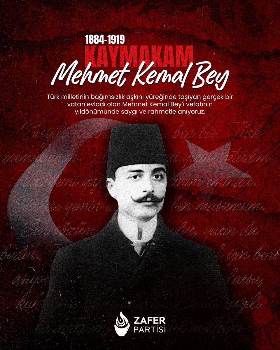zaferpartisi's tweet photo. Türk Milletinin bağımsızlık aşkını yüreğinde taşıyan gerçek bir vatan evladı olan Kaymakam Mehmet Kemal Bey'i vefatının yıl dönümünde saygı ve rahmetle anıyoruz. https://t.co/LfOOKnZF2o