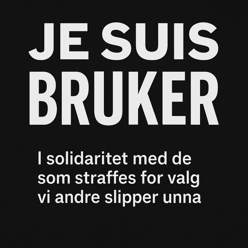 I solidaritet med dem som forfølges og straffes for illegal rusmiddelbruk.

Straff virker ikke som forebygging.
Statistikk misbrukes for å rettferdiggjøre maktmisbruk.
De fleste bruker rusmidler – men bare noen få blir straffet.

La statistikken vise det: At vi alle er brukere.