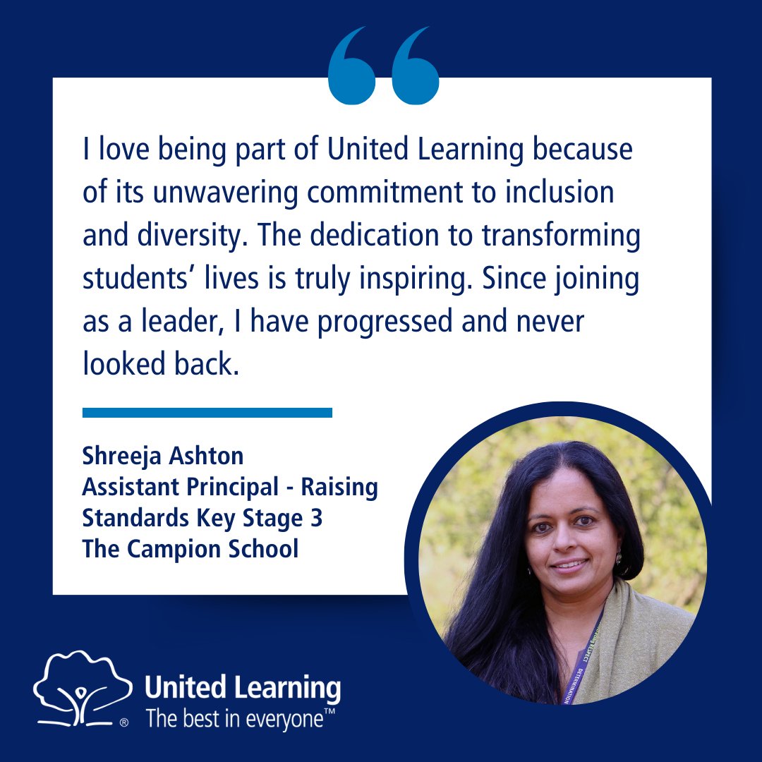 Inclusion and diversity are embedded into our values as a Trust.

Our school leaders like Shreeja can grow and thrive in a supportive environment where everyone has the opportunity to succeed.

Find your next career at United Learning: ow.ly/E7KO50Vygbl

#Careers