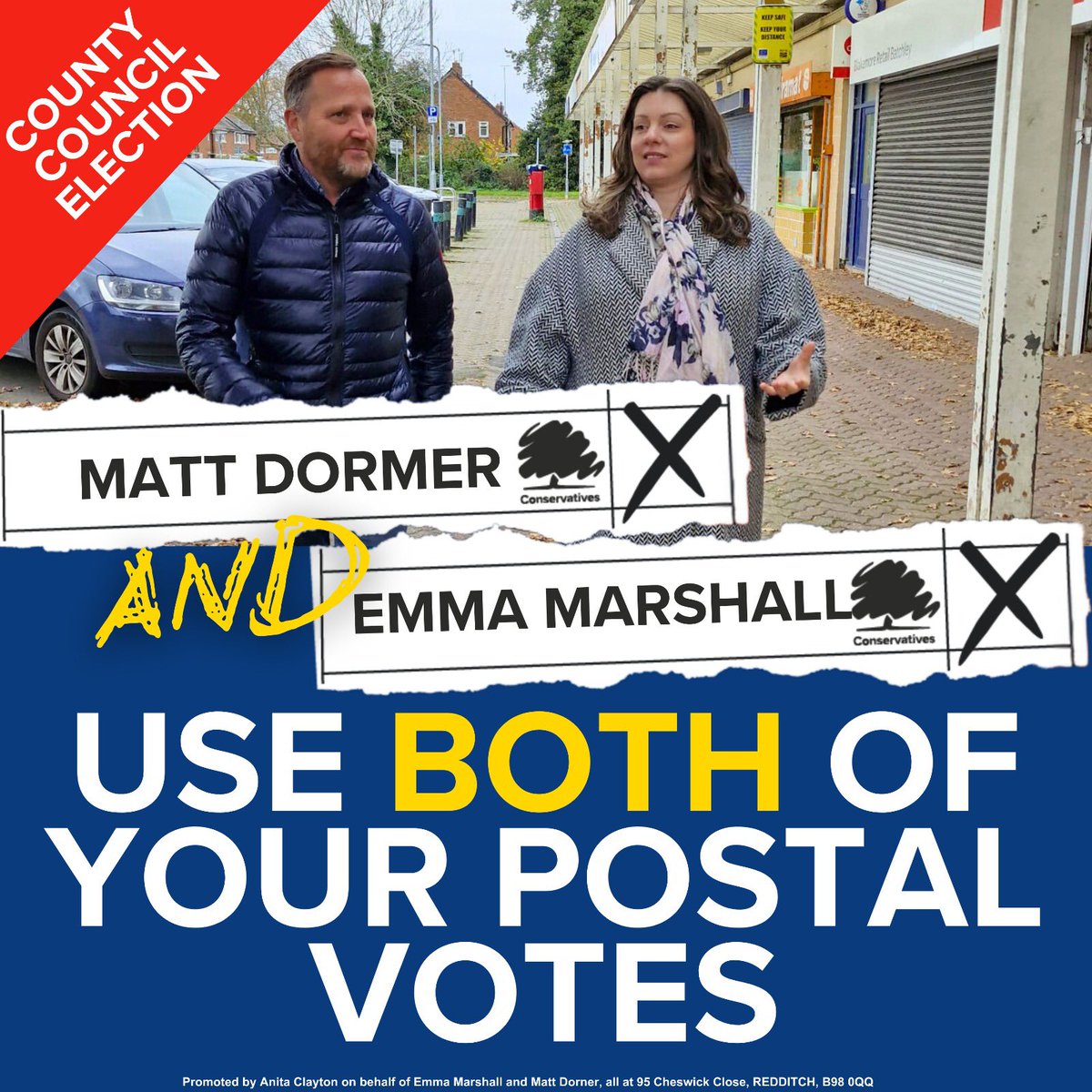 Want to stop Labour in Redditch?

Don’t split the vote — a vote for Reform only helps Labour win.

Use BOTH your postal votes for Matt Dormer &amp; Emma Marshall and keep Redditch blue.

#VoteConservative #StopLabour #RedditchElections #postalvote