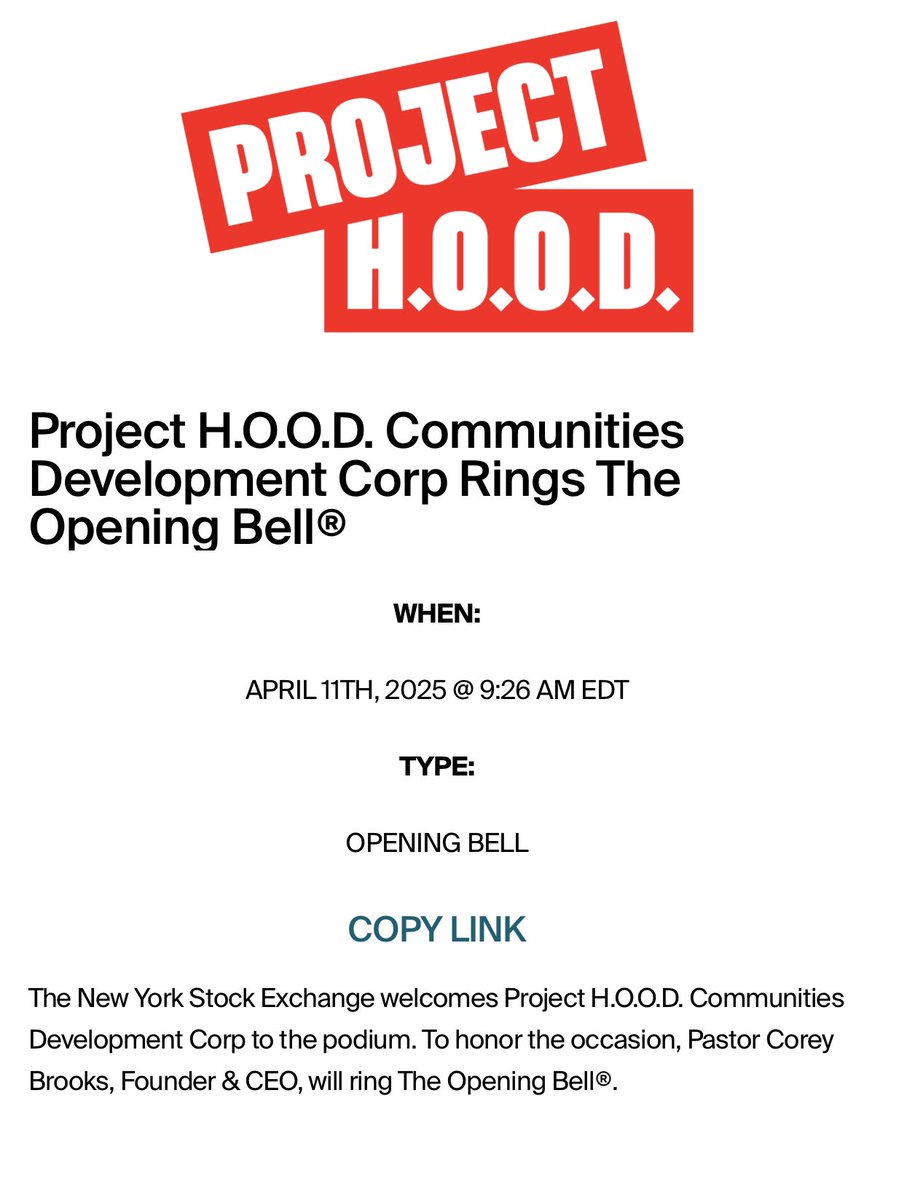 CoreyBBrooks's tweet photo. Join us LIVE as Project H.O.O.D. rings the Opening Bell at the New York Stock Exchange!
It’s a powerful moment of recognition for our mission, our city, and the movement to rebuild broken communities.

Watch it happen at 9:26 AM ET:
https://t.co/I7caosw1Ni

Pastor Corey Brooks will be at the podium, representing all of us who believe that hope is not a dream—it’s a plan.

Let’s celebrate this historic moment together.
#WeCanBeBetter #ProjectHOOD #NYSE #OpportunityBlock #RingingTheBell #UrbanRevival
