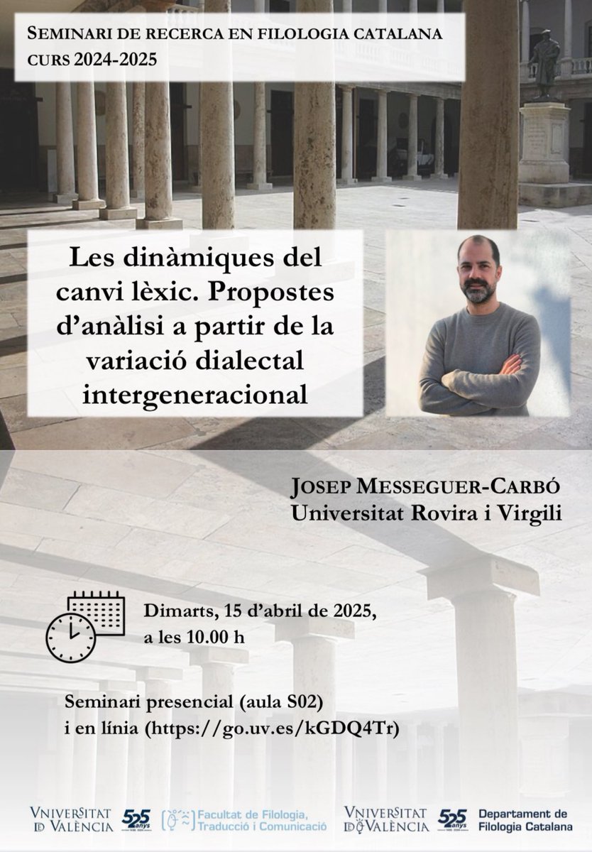 La setmana que ve acollim un nou seminari de recerca.

Josep Messeguer-Carbó (<a href="/universitatURV/">Universitat Rovira i Virgili</a>) impartirà la ponència «Les dinàmiques del canvi lèxic».

🗓️ 15 d’abril, 10.00
📍Presencial: aula S02 (<a href="/FILTRADCOMUV/">Facultat de filologia, Traducció i Comunicació UV</a>)
📎 Virtual: go.uv.es/kGDQ4Tr