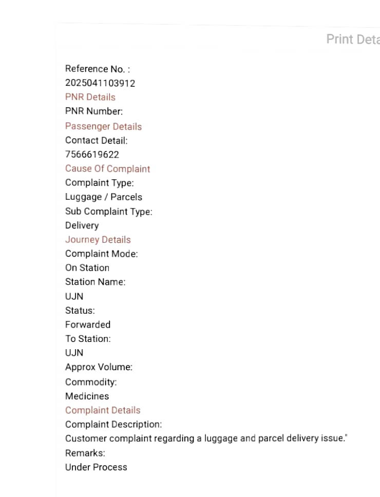 बिलासपुर से उज्जैन के लिए एक रेलवे में पार्सल बुक किया था जो आज मिलना था लेकिन उज्जैन में डिलीवर नहीं हुआ कम्प्लेंट भी की लेकिन कोई जवाब नही मिला 
माननीय सम्बंधित अधिकारी सहयोग प्रदान करने की कृपा करें
<a href="/RailMinIndia/">Ministry of Railways</a> <a href="/AshwiniVaishnaw/">Ashwini Vaishnaw</a>
<a href="/RailwaySeva/">RailwaySeva</a>