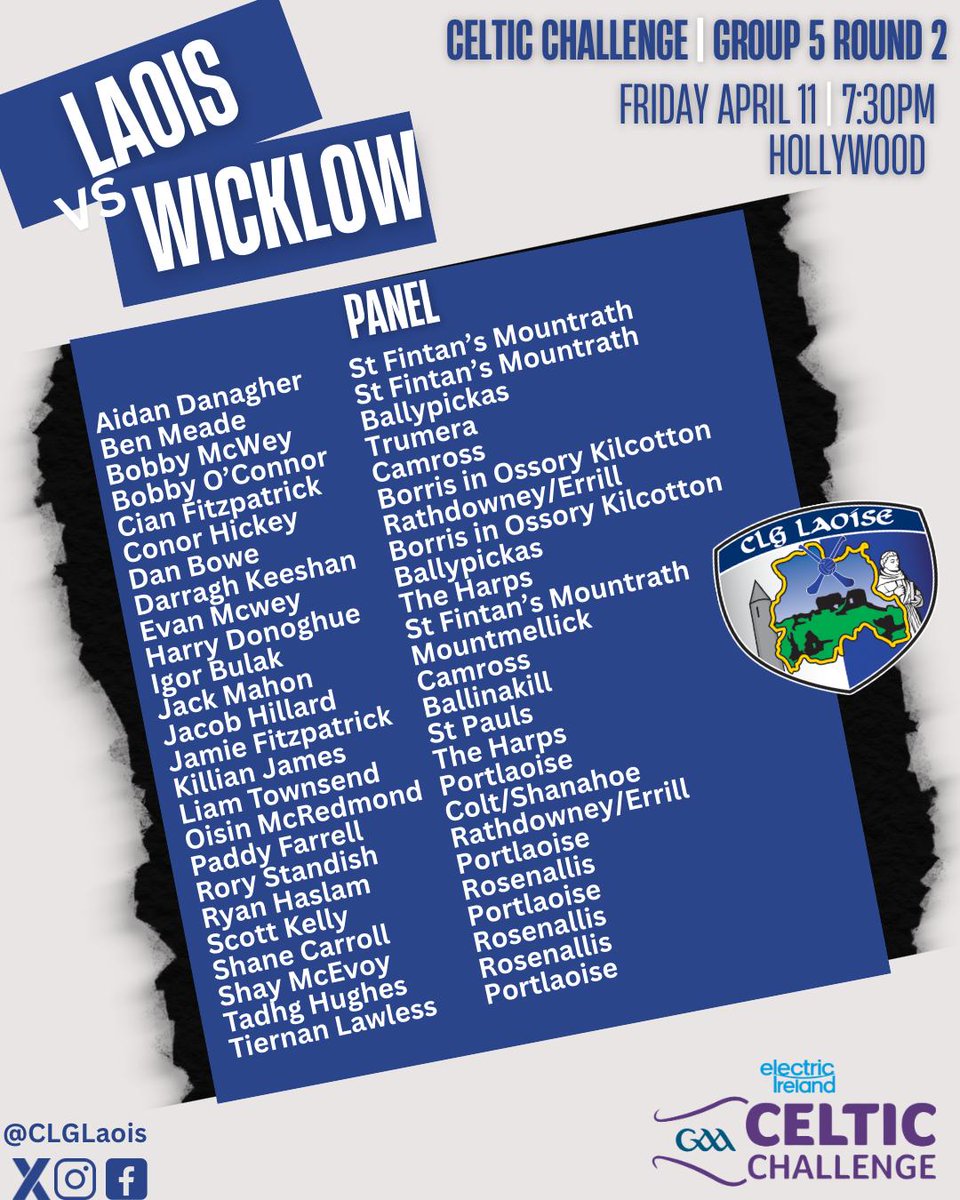 CLGLaois's tweet photo. Manager Brendan Phelan has named his 2025 Celtic Challenge Hurling Squad ahead of their Round 2 game away to Wicklow in Hollywood, tonight (Friday April 11th) at 7.30pm. 

Best of luck to all involved 🔵⚪️ https://t.co/zeM3d0re0C