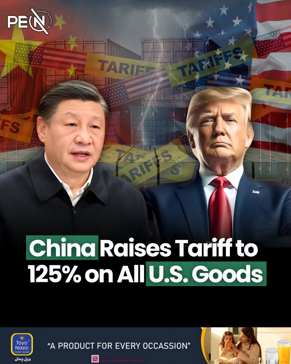 NetPakistan's tweet photo. China has raised the Tariffs on all U.S. Goods to 125% from 84% earlier. Finance Ministry says, it would go on effect from April 12.
#ChinaUSTariffs #TradeWar2025 #GlobalEconomy #TariffHike #TariffWar #tariffs https://t.co/fG8lXOSGKB