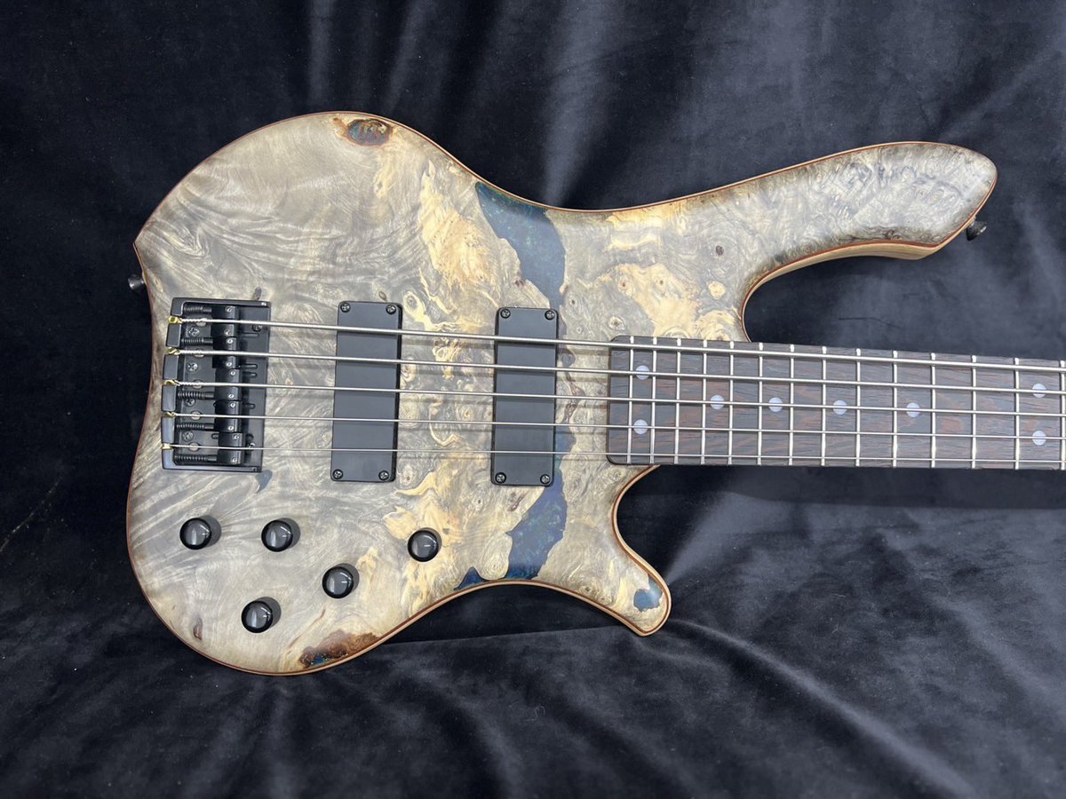 asterguitars's tweet photo. 新モデル　Gemini 
@y_moo_  さんのカスタムオーダー

豪華なバックアイバールをトップにあしらった5弦ベース。
アクセントのブルーレジンが際立つ一本です。 https://t.co/cQlWOadrSB